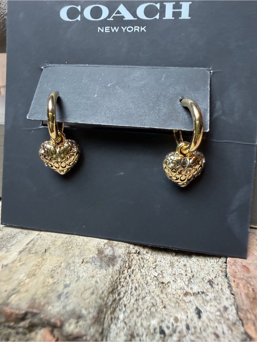 COACH Quilted C Crystal Heart Charm Huggie Earrings - Picture 4 of 8